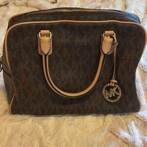 Michael Kors Brown Monogram Dome Satchel with Tan Trim and Gold Hardware